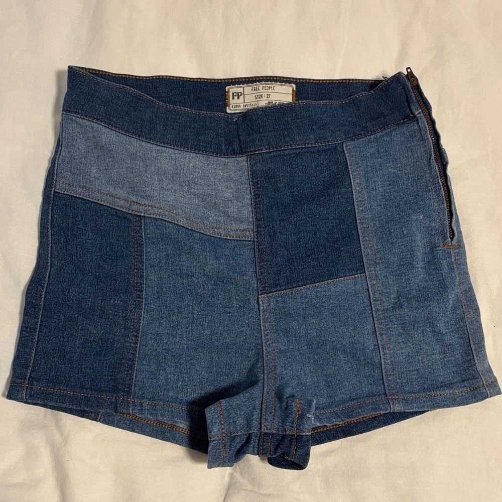 Free People Blue Patchwork Jean Shorts